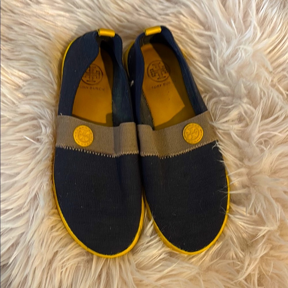 Tory Burch Navy and Yellow Canvas Slip-Ons